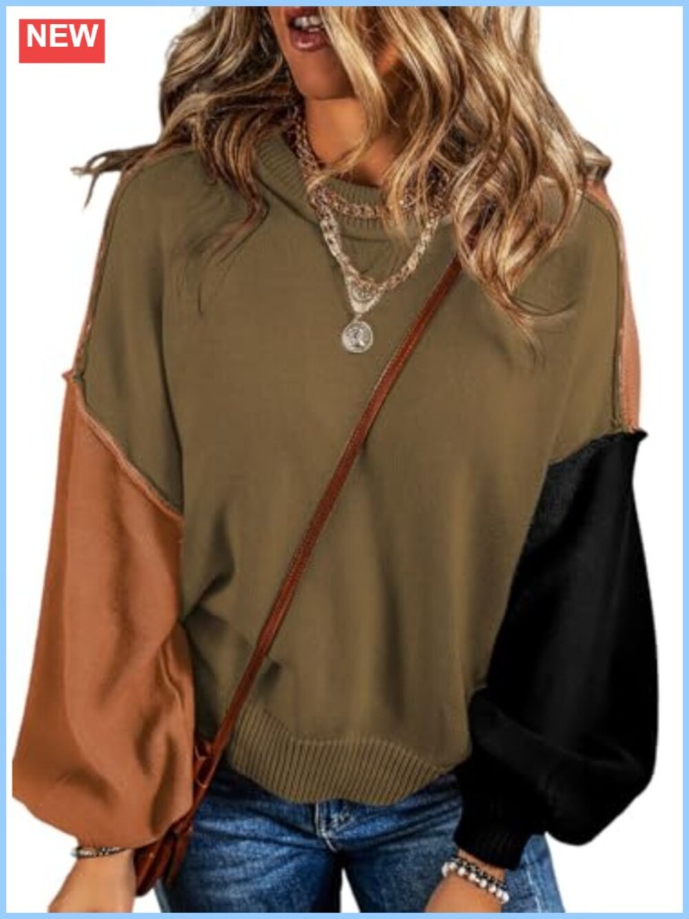 Womens Cotton Sweater Colorblock Crewneck Bishop Sleeve Pullover Jumper